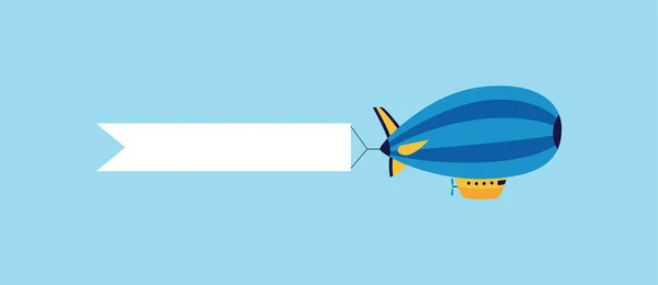 Dirigible azul del zeppelin de la historieta con la bandera blanca de la cinta que vuela en el cielo — Vector de stock