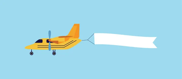Avion jaune vintage volant avec une bannière en ruban blanc vierge derrière — Image vectorielle
