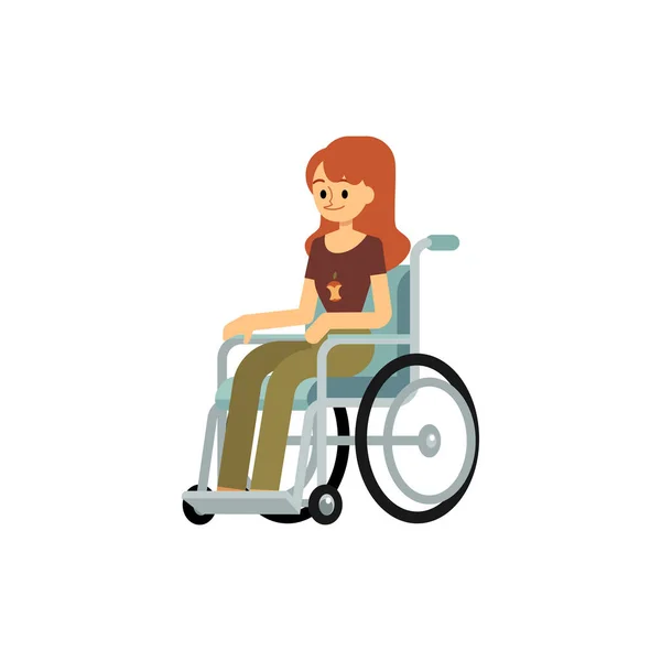 Chica jengibre discapacitada en silla de ruedas moderna sentada con sonrisa feliz — Vector de stock