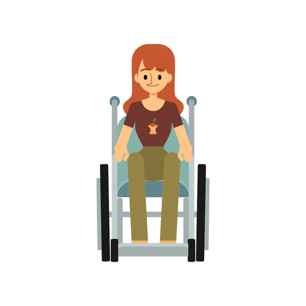 Vooraanzicht van een gehandicapte vrouw in een rolstoel platte vector illustratie geïsoleerd. — Stockvector