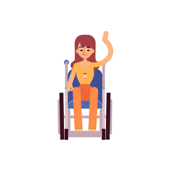 Smiling handicapped woman sits in wheelchair with raised arm flat cartoon style — Stock Vector