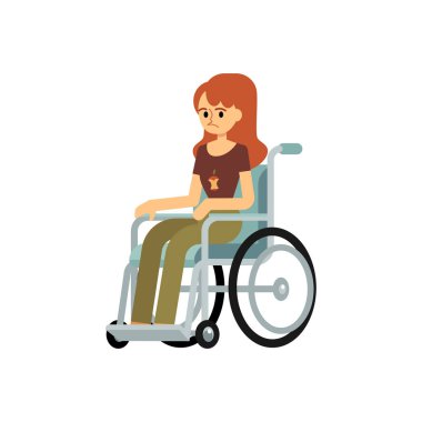 Tekerlekli sandalyedeki engelli bir kadının ön görüntüsü izole edilmiş..