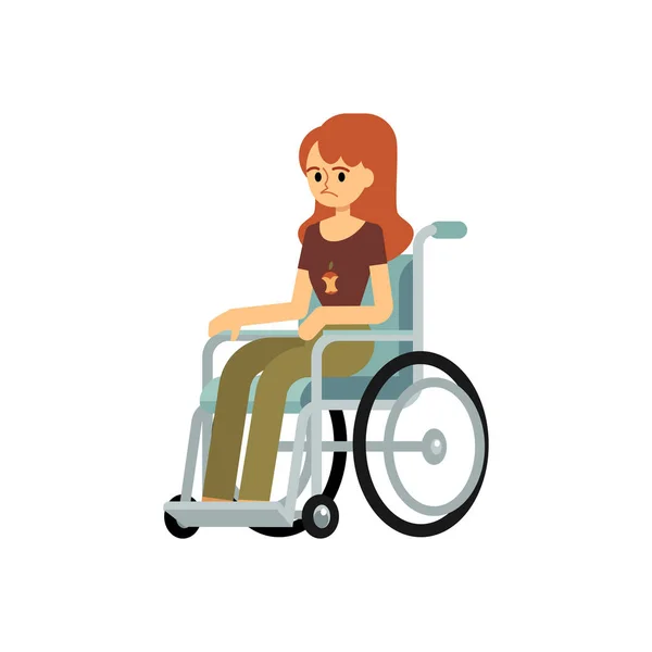 Vooraanzicht van een gehandicapte vrouw in een rolstoel platte vector illustratie geïsoleerd. — Stockvector