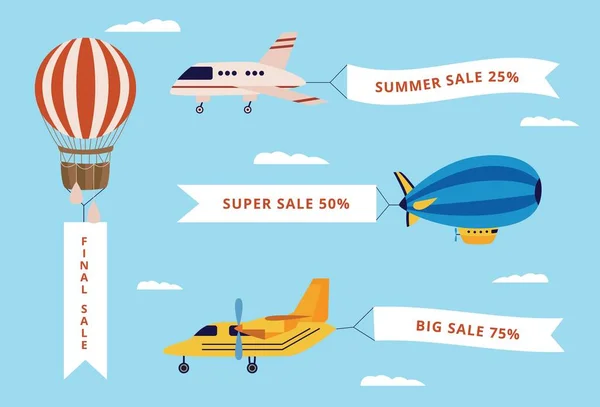 Conjunto de avião, dirigível e balão com banners com texto . — Vetor de Stock