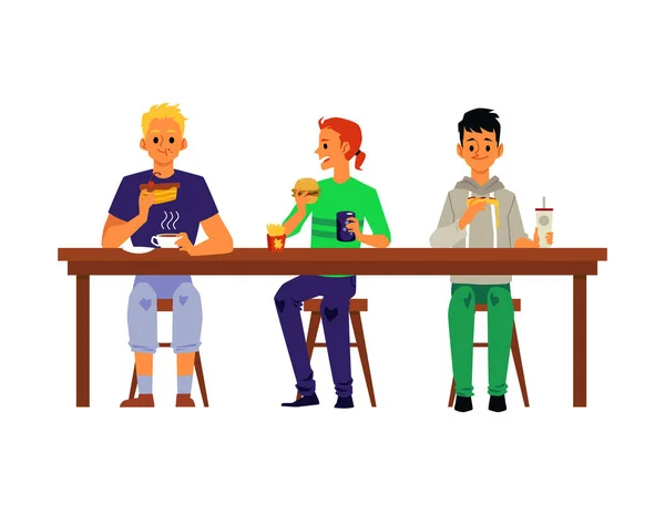 Мужчины едят в кафе или ресторане, плоские векторные иллюстрации изолированы . — стоковый вектор
