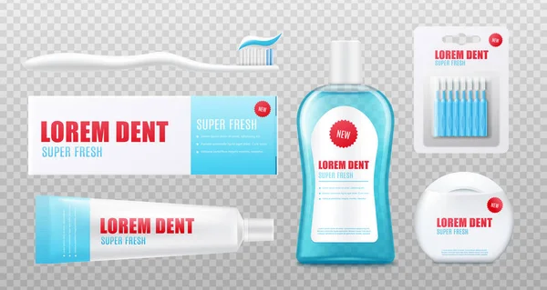 Sada hygienických výrobků pro péči o zuby - realistický model zubní pasty, ústní vody, zubního kartáčku a nitě. — Stockový vektor