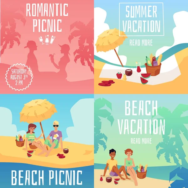 Летний набор плакатов для пикника на пляже - мультфильм о романтическом отпуске — стоковый вектор