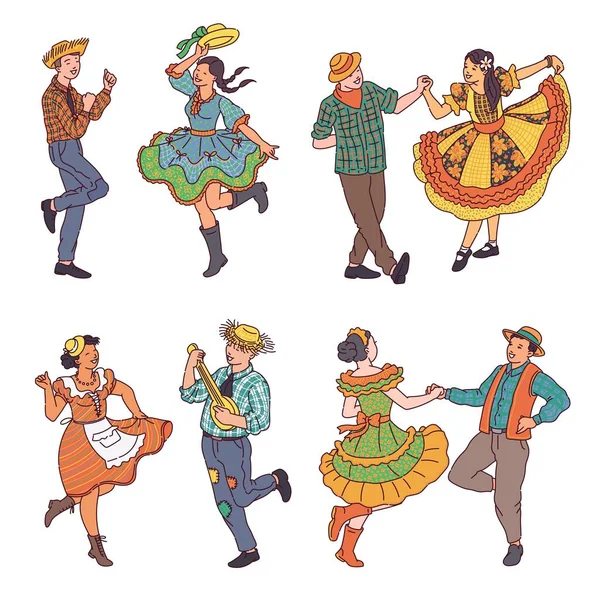 Conjunto de bailarines del Festival Festa Junina Brasil, ilustración vectorial de bocetos aislados . — Vector de stock