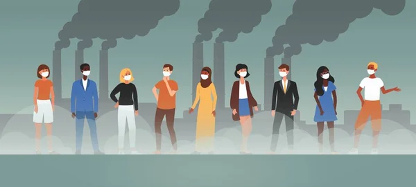 Inquinamento atmosferico ambientale banner - personaggi dei cartoni animati persone con maschere protettive di fronte alla fabbrica della città industriale con fumo di pipa — Vettoriale Stock