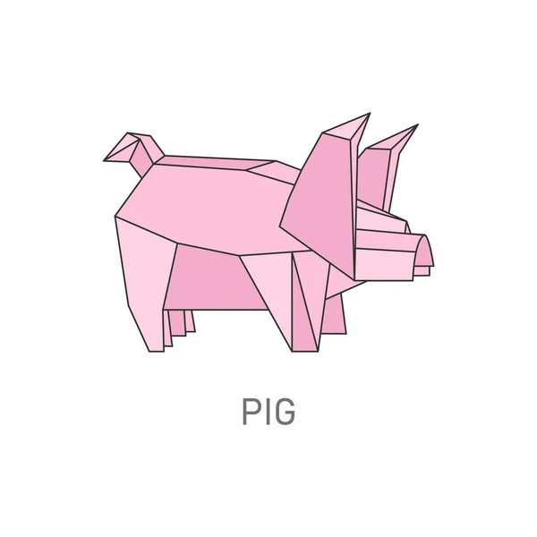 Babi origami merah muda dilipat dari kertas, hewan pertanian terisolasi bentuk geometris - Stok Vektor