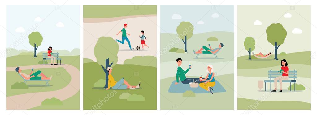 Cards set with people spending weekend in city park, flat vector illustration.