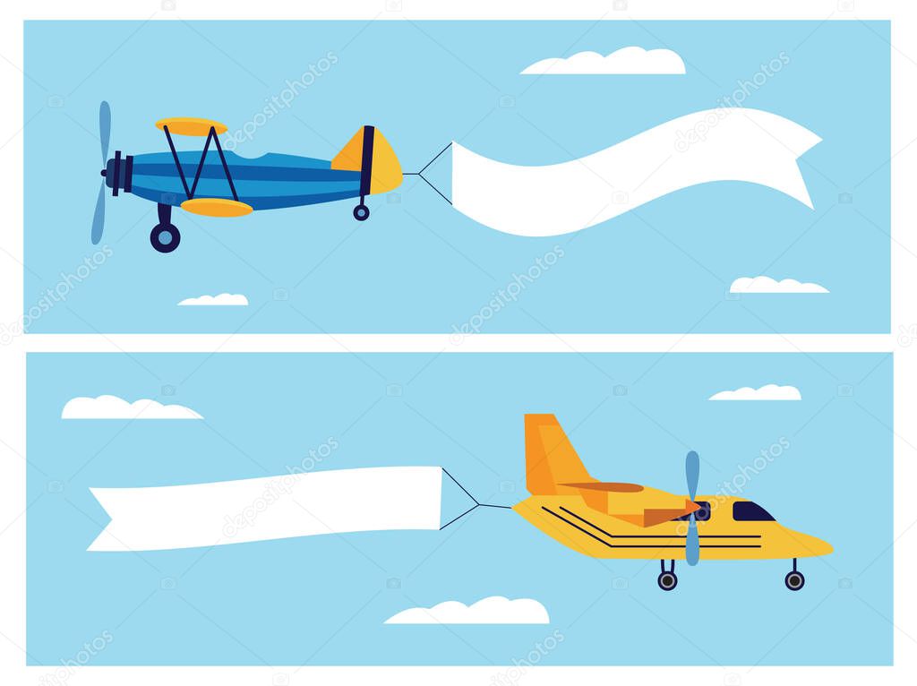 Flat cartoon banner set of retro airplane dragging blank white ribbon flag in air