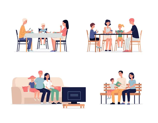 Family recreation at home characters, flat vector illustrations set isolated. — Stock Vector