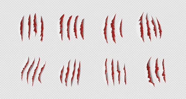 A set of claw marks. Realistic red scratches. Vector illustration on a transparent background. — Stock Vector