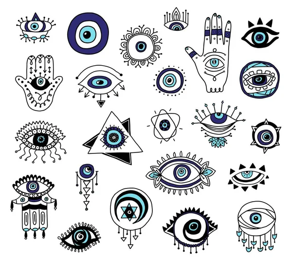 Set of evil eyes and Fatima hands icons cartoon vector illustration isolated. Vector Graphics