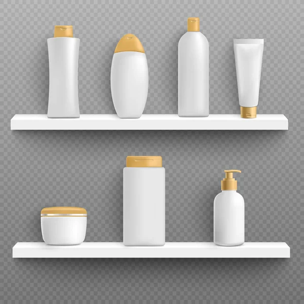 Emballages cosmétiques sur étagères, illustration vectorielle réaliste sur maquette isolée . — Image vectorielle