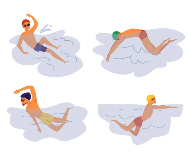 Hombre nadador de dibujos animados nadando en agua aislada sobre fondo blanco — Archivo Imágenes Vectoriales