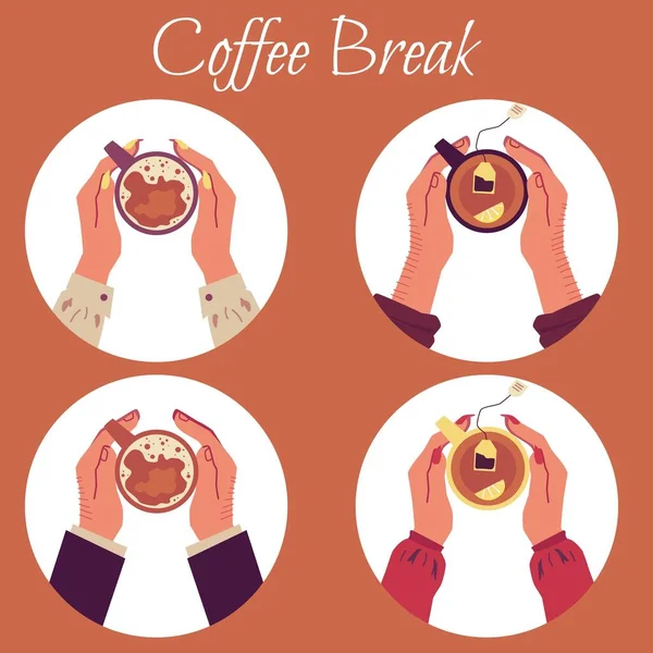 Cartel de pausa de café con vista superior de las manos sosteniendo tazas de bebida caliente — Archivo Imágenes Vectoriales