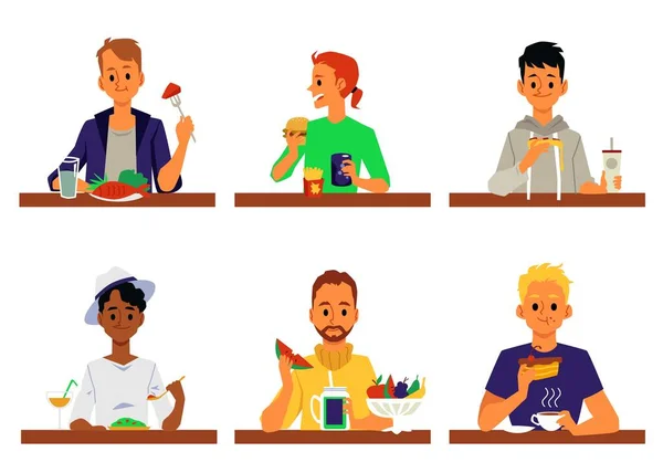 Set van cartoon mannen eten voedsel aan tafel geïsoleerd op witte achtergrond. — Stockvector