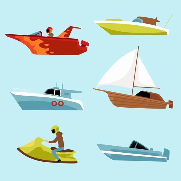Ensemble d'icônes de bateau à moteur de vitesse, illustration vectorielle plate isolée sur fond bleu . — Image vectorielle