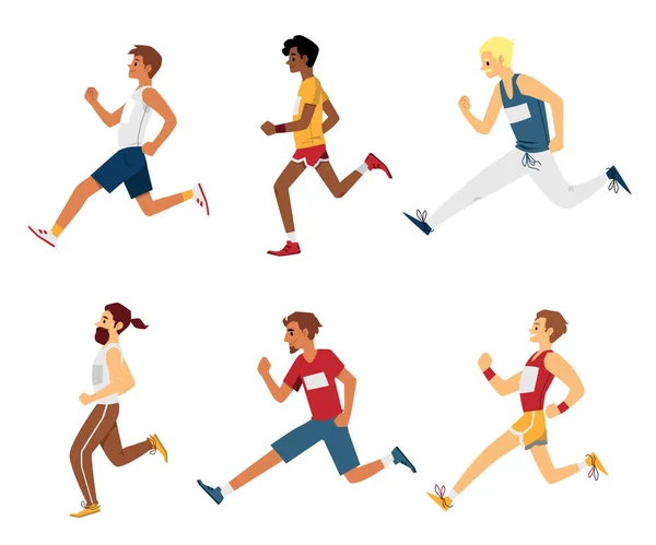 Running sprinter men or marathon athletes set flat vector illustration isolated. — Stock Vector