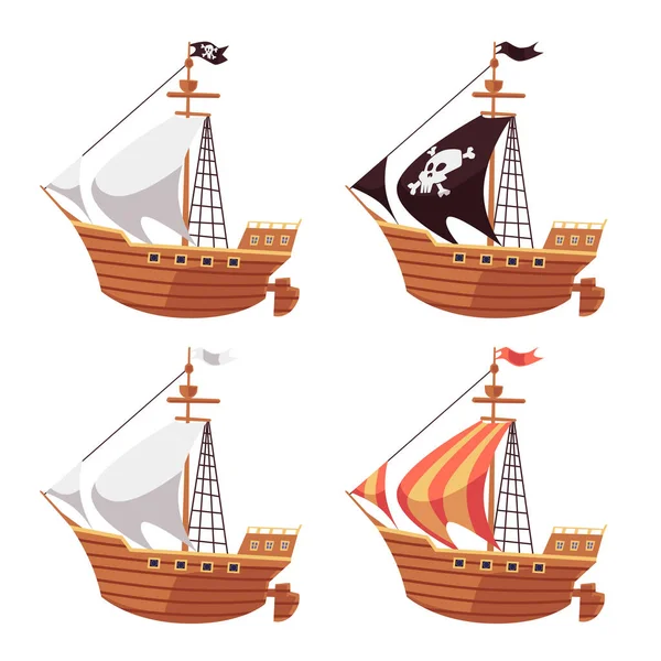 Barco de mar pirata y velero regular con velas negras, blancas y rayas . — Vector de stock