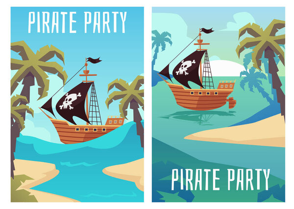 Pirate party banners set with ship on sea island, flat vector illustration.