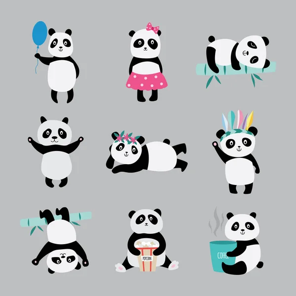Niedliche Pandabären in Kostümen spielen, essen und schlafen - flache Stickerpackung — Stockvektor