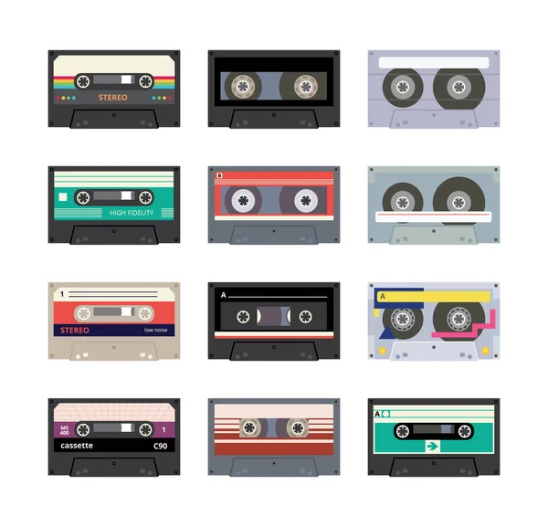 Conjunto de cintas de sonido o casetes de música de los años 80 - 90, ilustración vectorial aislada . — Vector de stock