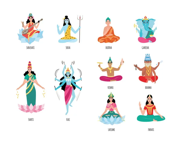 Conjunto de personajes de dibujos animados de diosa india, ilustración vectorial plana aislada . — Vector de stock