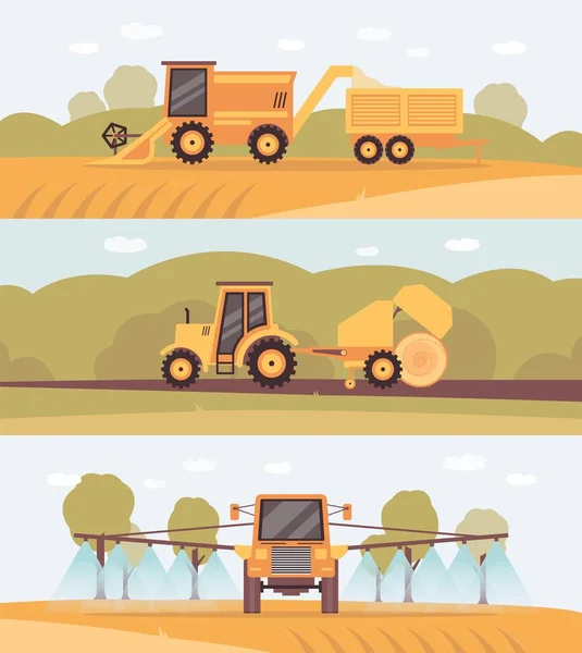 Conjunto de banners agrícolas para colheitas - maquinaria agrícola no campo de trigo — Vetor de Stock