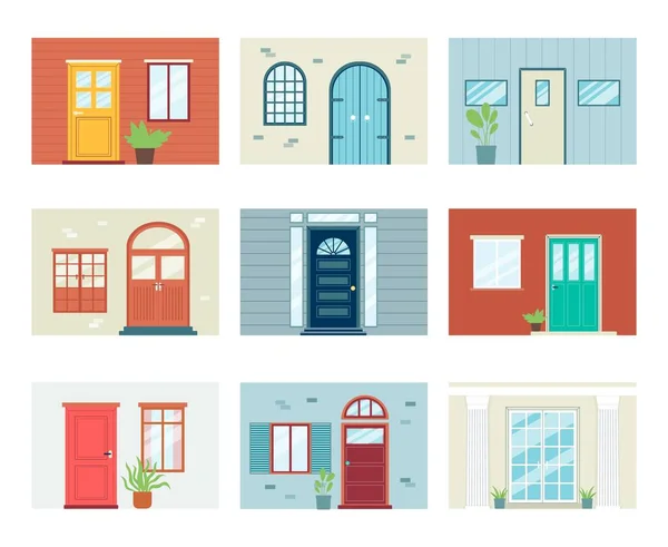 Building entrance set with doors and windows, flat vector illustration isolated. — Stock Vector