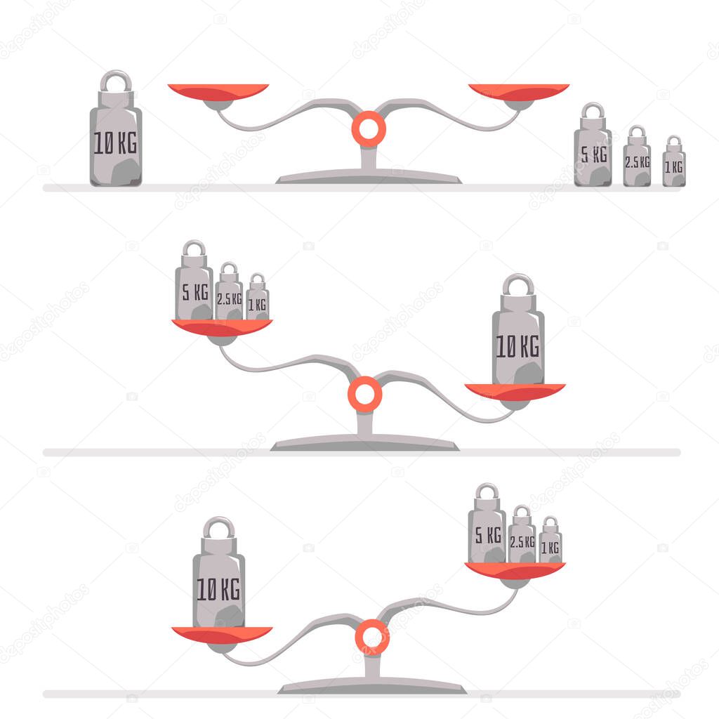 Balance scales with bowls and weights set, flat vector illustration isolated.