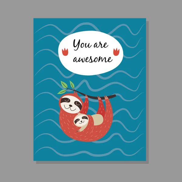 Cute mom and baby sloths hang on tree with positive quote vector card illustration. — ストックベクタ