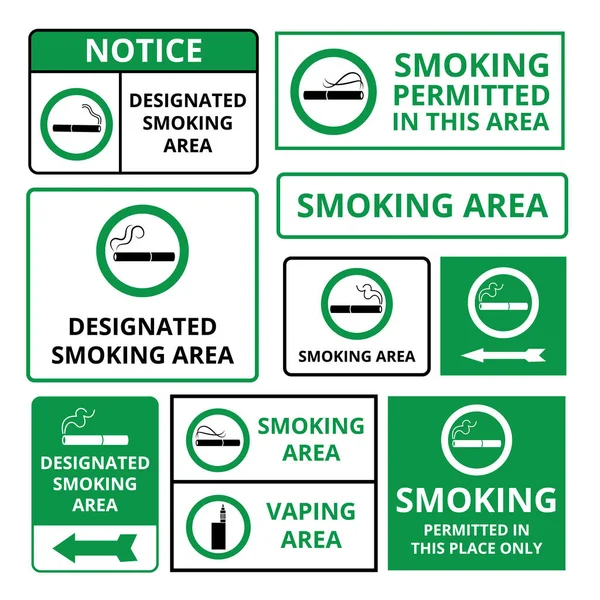 Designated smoking area - green signboard sticker set with public notice information — Stockvektor