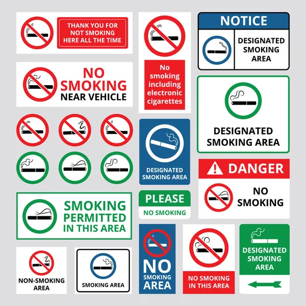 No fumar signos de conciencia iconos y pancartas conjunto de ilustraciones vectoriales aislados . — Vector de stock