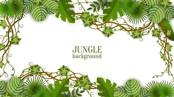 Tropical green background and frame with jungle, vines, exotic leaves and plants. — Stok Vektör