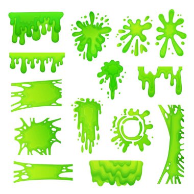Set of green slime drops and blots cartoon vector illustration isolated. clipart