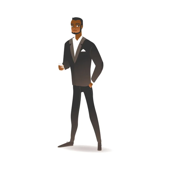 Fekete afro-amerikai fiatalember áll szmokingban vagy öltönyben. — Stock Vector