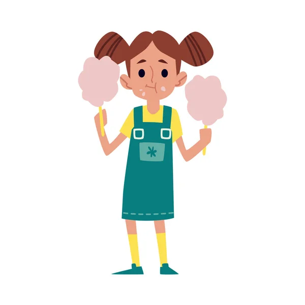 Šťastné dítě jíst cukrovou vatu, roztomilé kreslené dívky dítě drží dvě tyčinky cukrové nitě — Stockový vektor