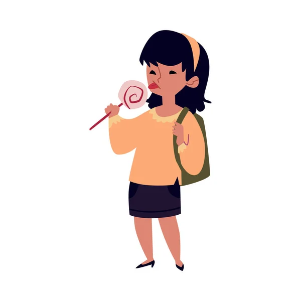 Girl child eating a lollipop - happy kid with backpack licking candy on a stick — 图库矢量图片