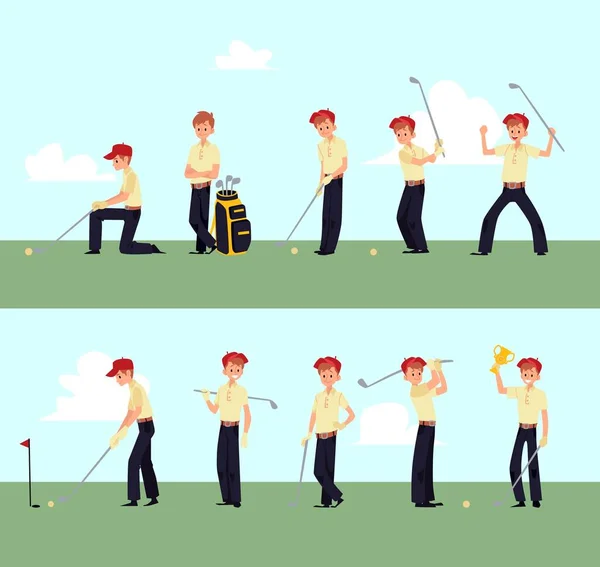 Golfer άνθρωπος στέκεται σε διαφορετικές πόζες, κινούμενα σχέδια χαρακτήρα εκμετάλλευση γκολφ κλαμπ — Διανυσματικό Αρχείο