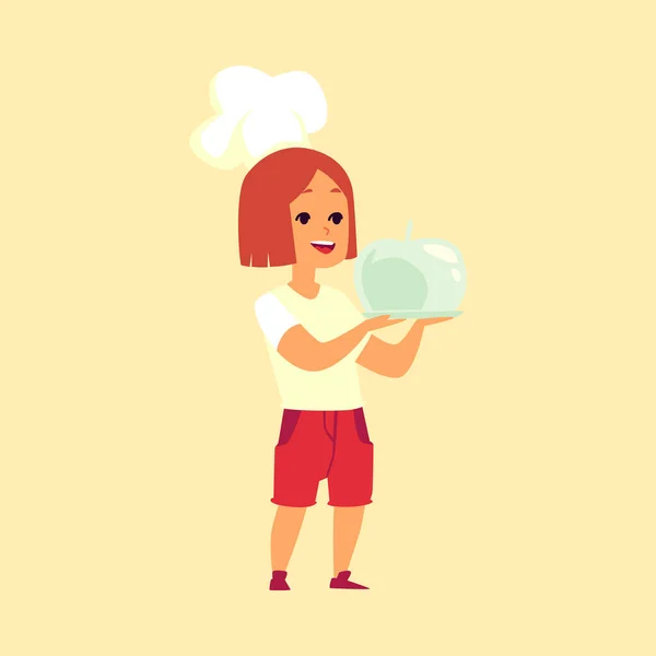 Μικρό κορίτσι σεφ κορίτσι σε λευκό καπέλο κρατώντας δίσκο τροφίμων με κλειστό καπάκι — Διανυσματικό Αρχείο