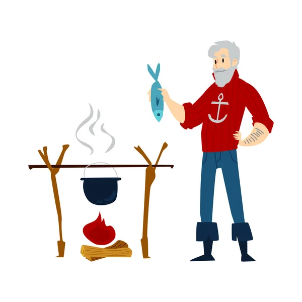 Hipster alter Mann kocht Fisch am Lagerfeuer, Cartoon-Fischer im roten Pullover — Stockvektor