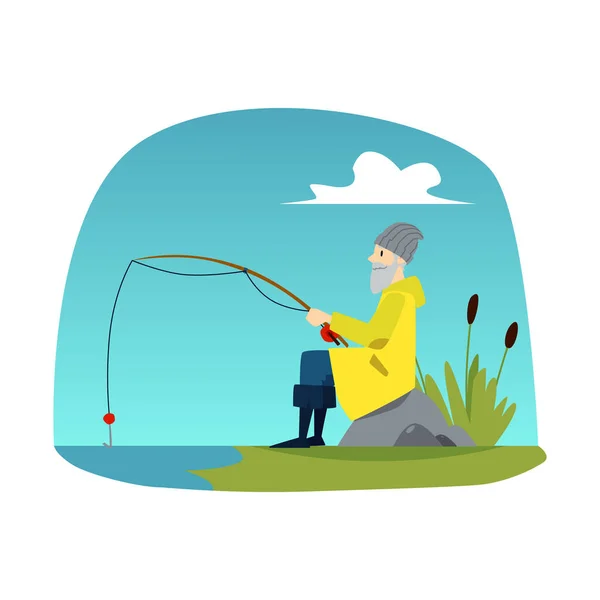 Viejo sentado en la orilla con caña de pescar, pescador de dibujos animados esperando una captura — Vector de stock