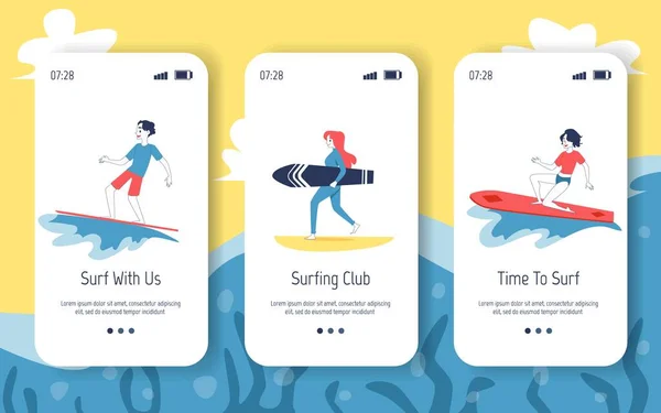 Ecrane mobile la bord cu surferi și surfing . — Vector de stoc