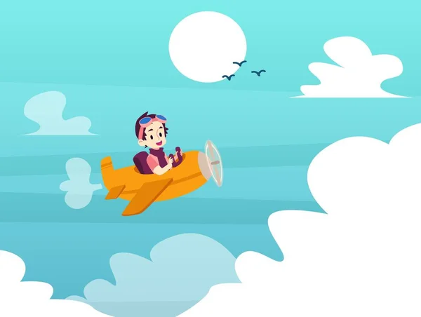 Kinderpilot - Zeichentrickjunge steuert ein gelbes Flugzeug, das in blauem Himmel fliegt — Stockvektor