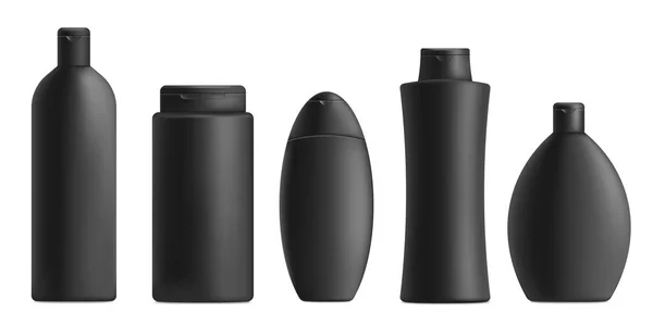 Shampooing ou savon bouteilles noires ensemble de maquettes illustration vectorielle 3D isolé. — Image vectorielle