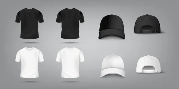 T-shirt e berretto baseball mockup set in colore bianco e nero — Vettoriale Stock