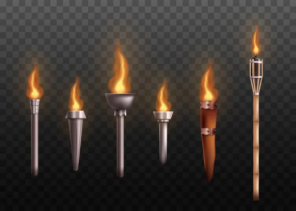 Реалістичний середньовічний набір факелів з палаючим вогнем, стародавніми металевими та дерев'яними факелами — стоковий вектор